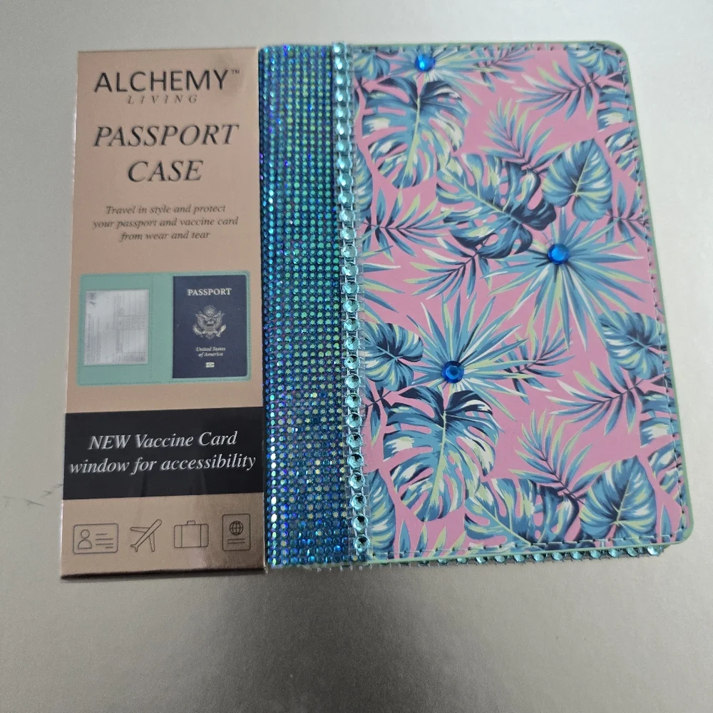 Alchemy Pink and Blue Bling Tropical Passport Case - Picture 1 of 9